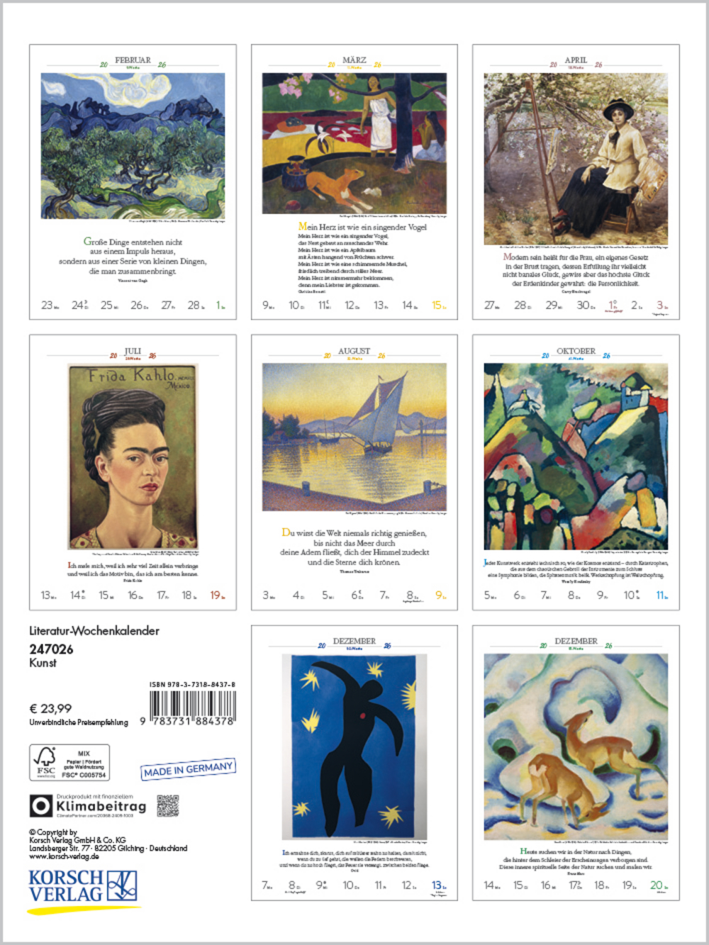 Literaturkalender Kunst 2026 | Korsch Verlag