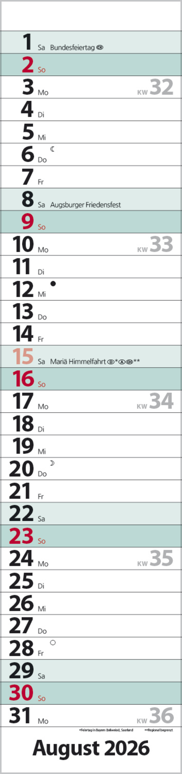 Streifenplaner Compact Türkis 2026, Innenansicht #8