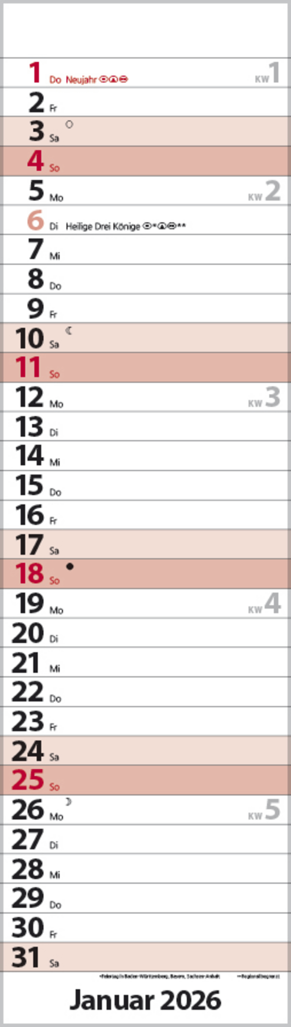 Streifenplaner Mini Rot 2026, Innenansicht #1