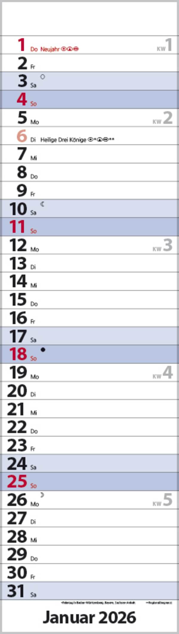 Streifenplaner Mini Blau 2026, Innenansicht #1