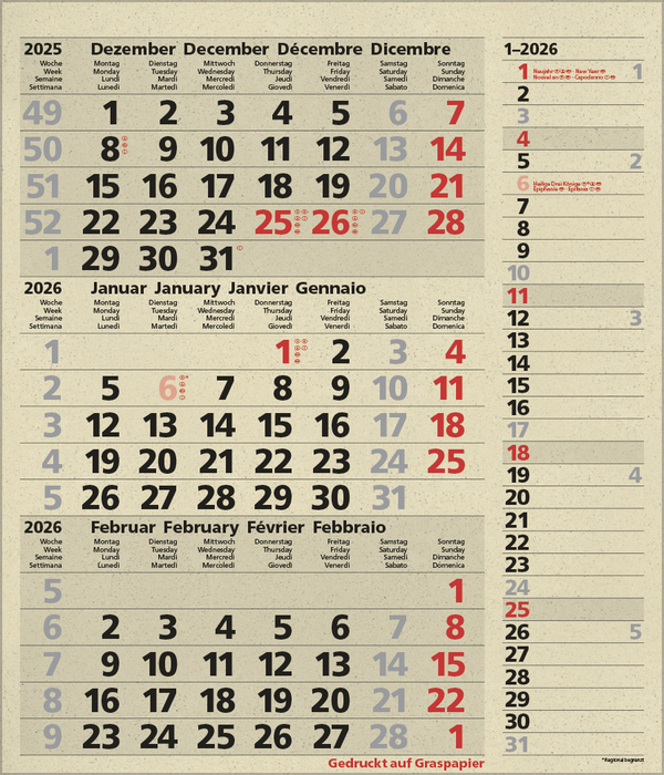 3-Monats-Planer Combi Graspapier 2026, Innenansicht #1