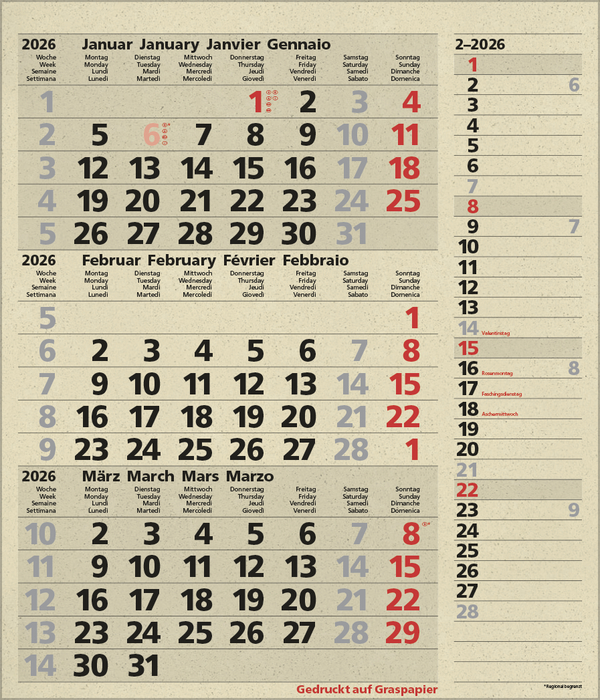 3-Monats-Planer Combi Graspapier 2026, Innenansicht #2