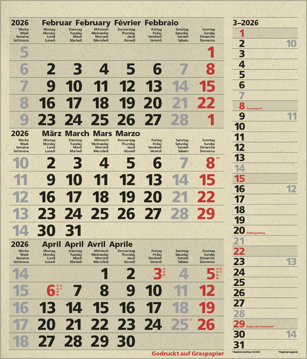 3-Monats-Planer Combi Graspapier 2026, Innenansicht #3