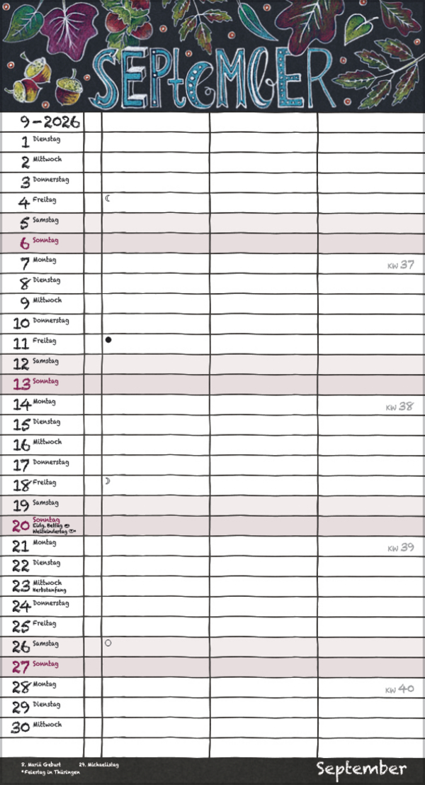 Tafeltimer f&uuml;r 2 mit Zetteltasche 2026, Innenansicht #9