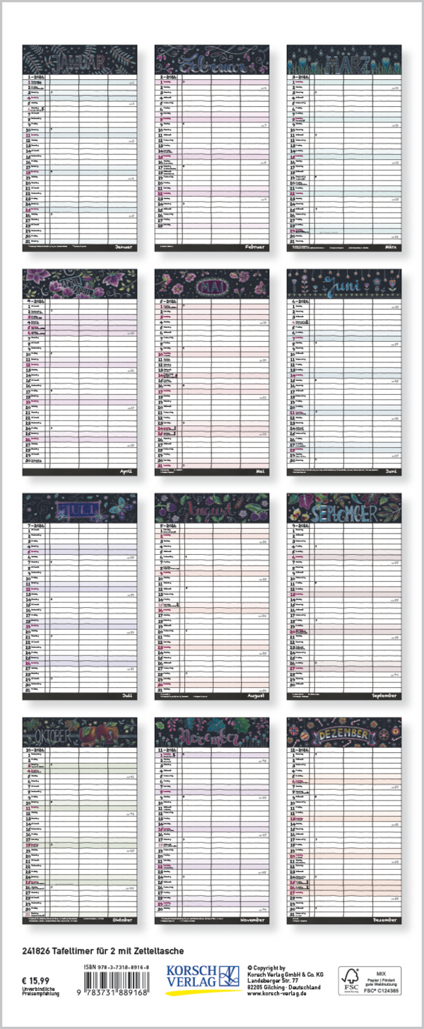 Tafeltimer f&uuml;r 2 mit Zetteltasche 2026, Innenansicht #15