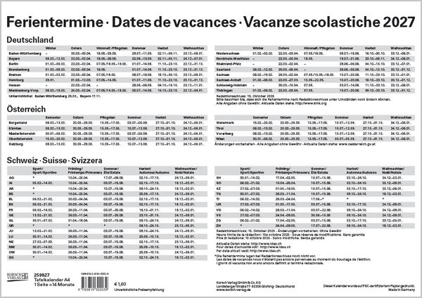Tafelkalender A4 2027, Innenansicht #2