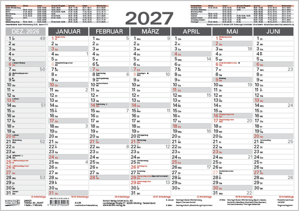 Tafelkalender A4 "Stabil" 2027, Innenansicht #1