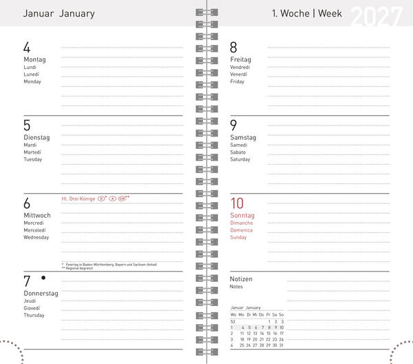 Taschenkalender Wochentimer Small Schwarz 2027, Innenansicht #1